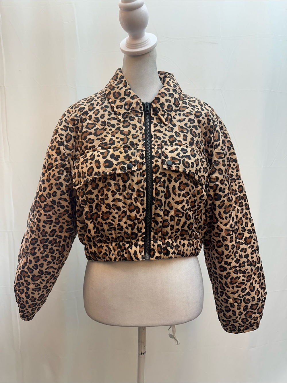 Zara Leopard Print Cropped Bomber Jacket - Tan Black Brown XS